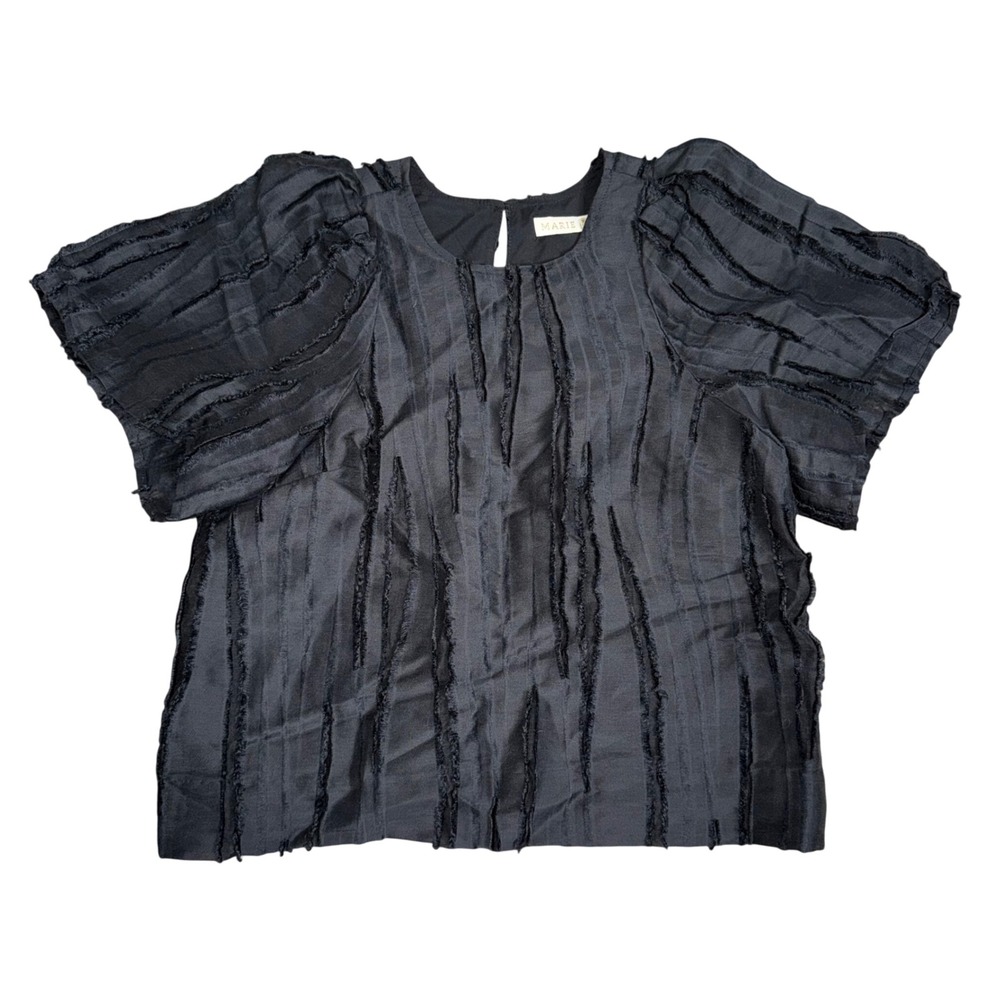 Marie Oliver Blouse Women XS Black Excellent Silk Linen Fringe Puff Sleeve Top